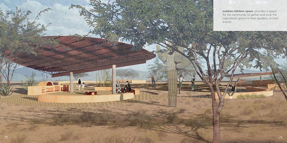 The outdoor kitchen space at Los Nopales. Rendering by Andrea Riehle and Mehli Romero.